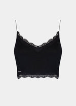 a black cozy crop top with V-neckline and lace detail, with ultra thin spaghetti straps. still front view