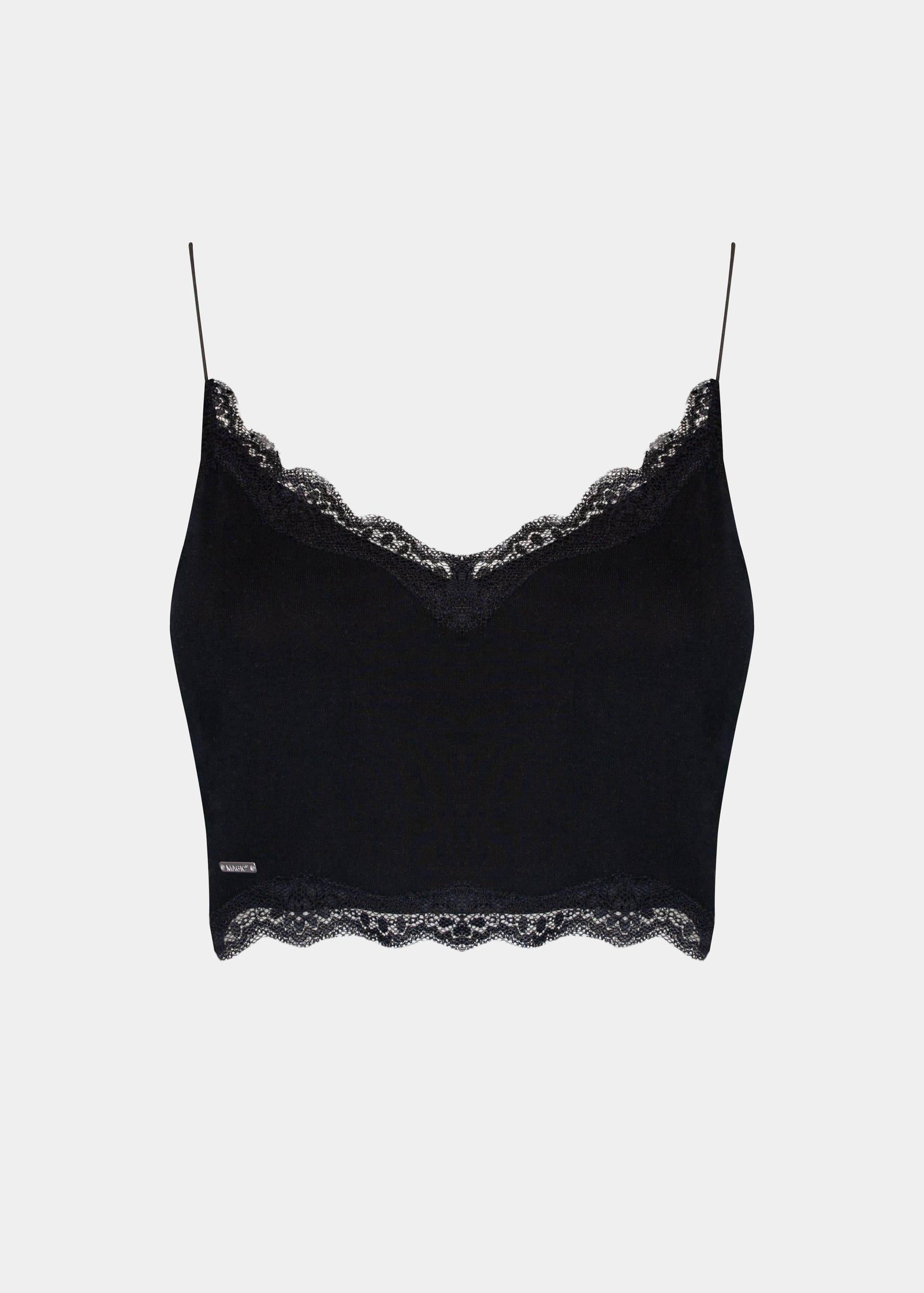 a black cozy crop top with V-neckline and lace detail, with ultra thin spaghetti straps. still front view