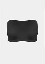 A woman wearing a black bandeau bra with a luxury satin look. still front view image
