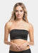 A woman wearing a black bandeau bra with a luxury satin look.