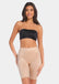 A pair of cappuccino, satin-look medium-rise biker shorts with a smooth, stretchy fabric.