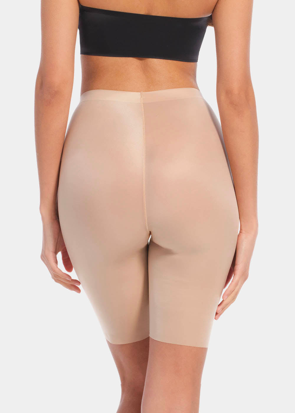 A pair of cappuccino, satin-look medium-rise biker shorts with a smooth, stretchy fabric. Back view