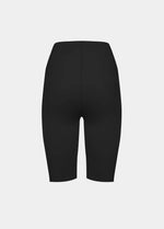 A pair of black, gloss biker shorts. Back view