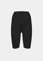 A pair of black, satin-look medium-rise Gloss Biker Short with a smooth, stretchy fabric. Still front view