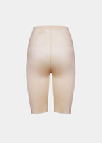 A pair of cappuccino, satin-look medium-rise biker shorts with a smooth, stretchy fabric. Still back view