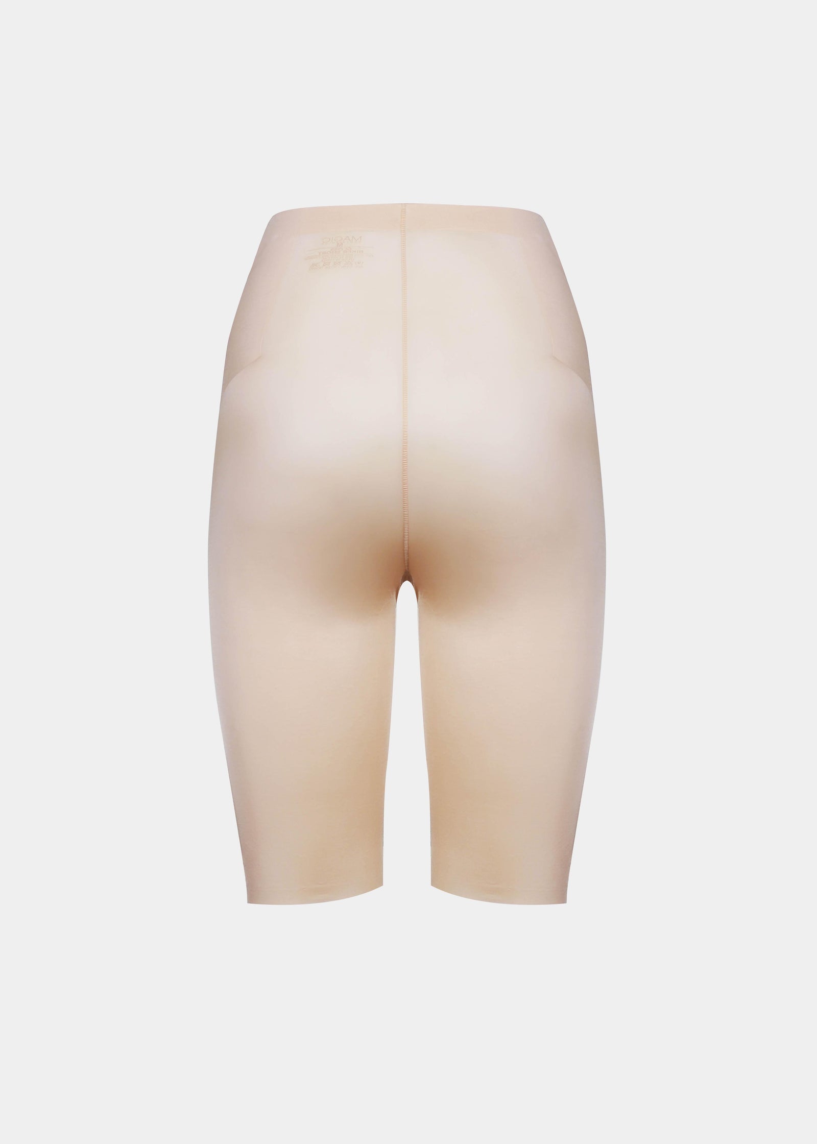 A pair of cappuccino, satin-look medium-rise biker shorts with a smooth, stretchy fabric. Still back view