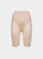 A pair of cappuccino, Gloss biker shorts. Shown from the back. With seamless edges and a flattering fit