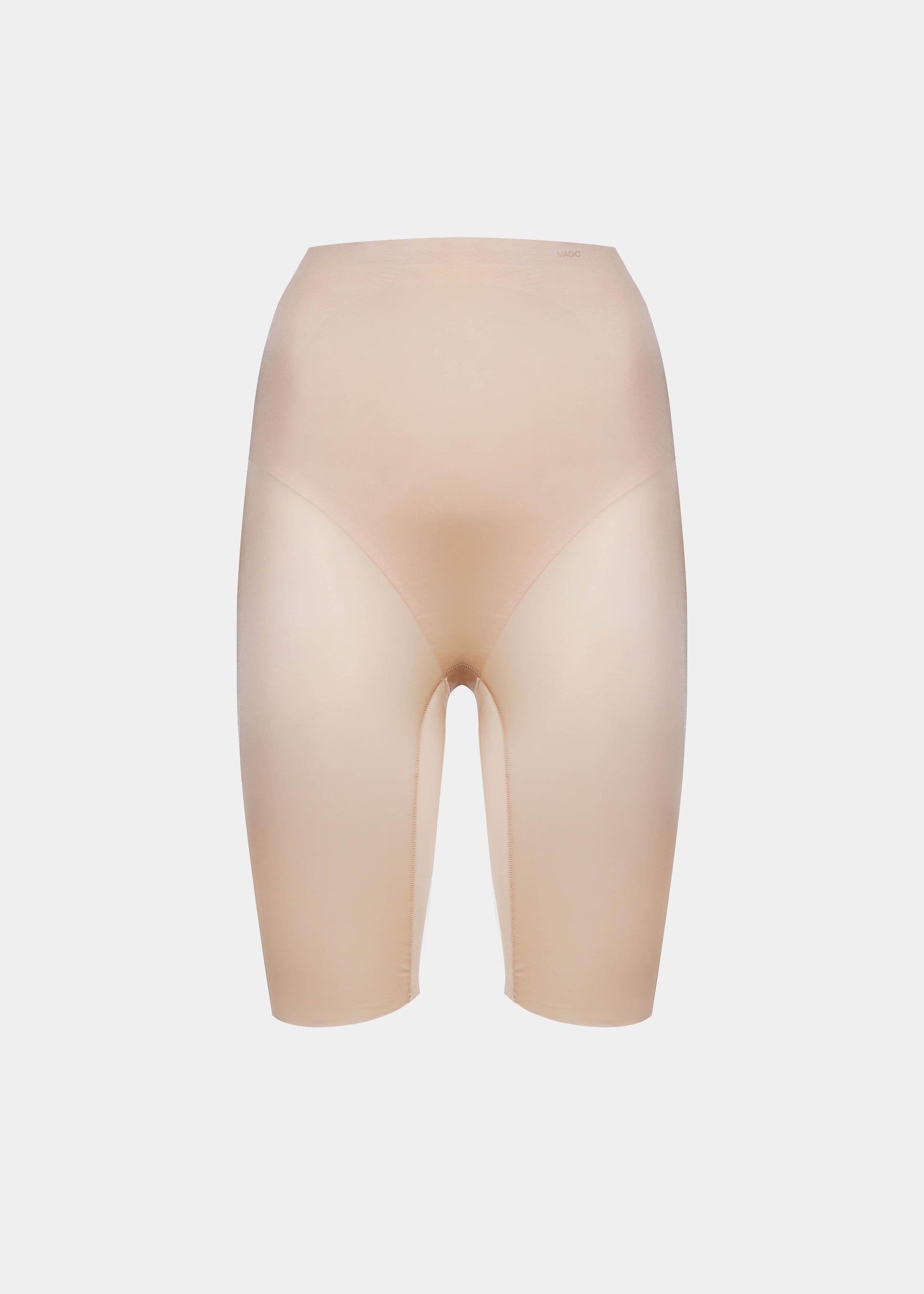 A pair of cappuccino, Gloss biker shorts. Shown from the back. With seamless edges and a flattering fit