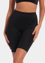 A pair of black, satin-look medium-rise Gloss Biker Short with a smooth, stretchy fabric. 