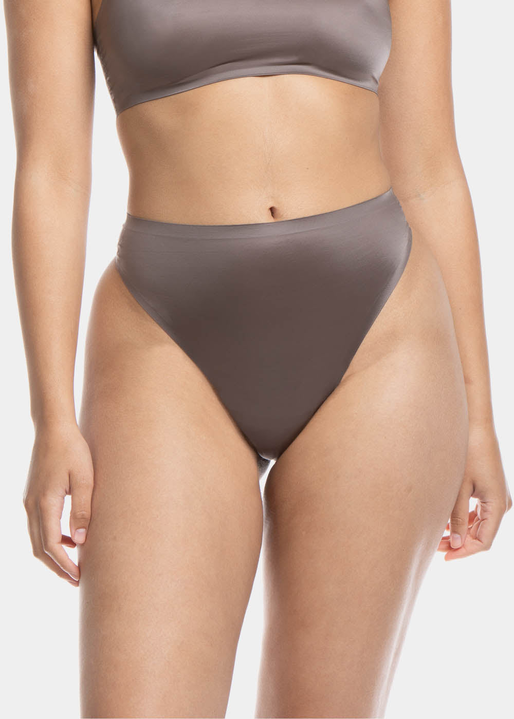 This image features the Gloss High Leg Thong, a women's underwear designed with elegance and comfort in mind. The thong is styled in a luxurious satin look, with a high-cut leg design that enhances its sleek appearance.