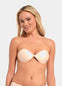 Woman wearing a strapless latte Backless Beauty bra on a plain background
