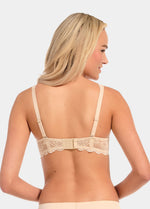 Woman wearing a beige lace Luxury Gel Bra on a white background