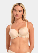 Woman wearing a latte Luxury Gel Bra against a plain background