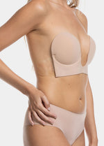 Beige strapless LUve Bra and underwear on a plain grey background