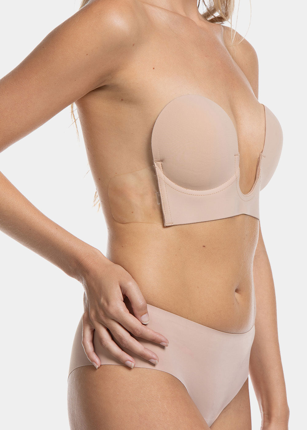 Beige strapless LUve Bra and underwear on a plain grey background
