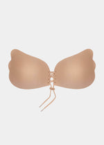 Caramel, backless, strapless adhesive bra with a drawstring 