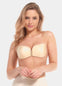 A woman wearing a latte, backless, strapless adhesive bra with a drawstring front closure.