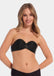A woman wearing a black wing bra with adhesive backless design, showing the front with the additional support wing.