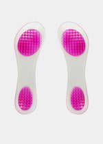 A pair of pink and white silicone gel shoe inserts designed to prevent feet from sliding forward in shoes.