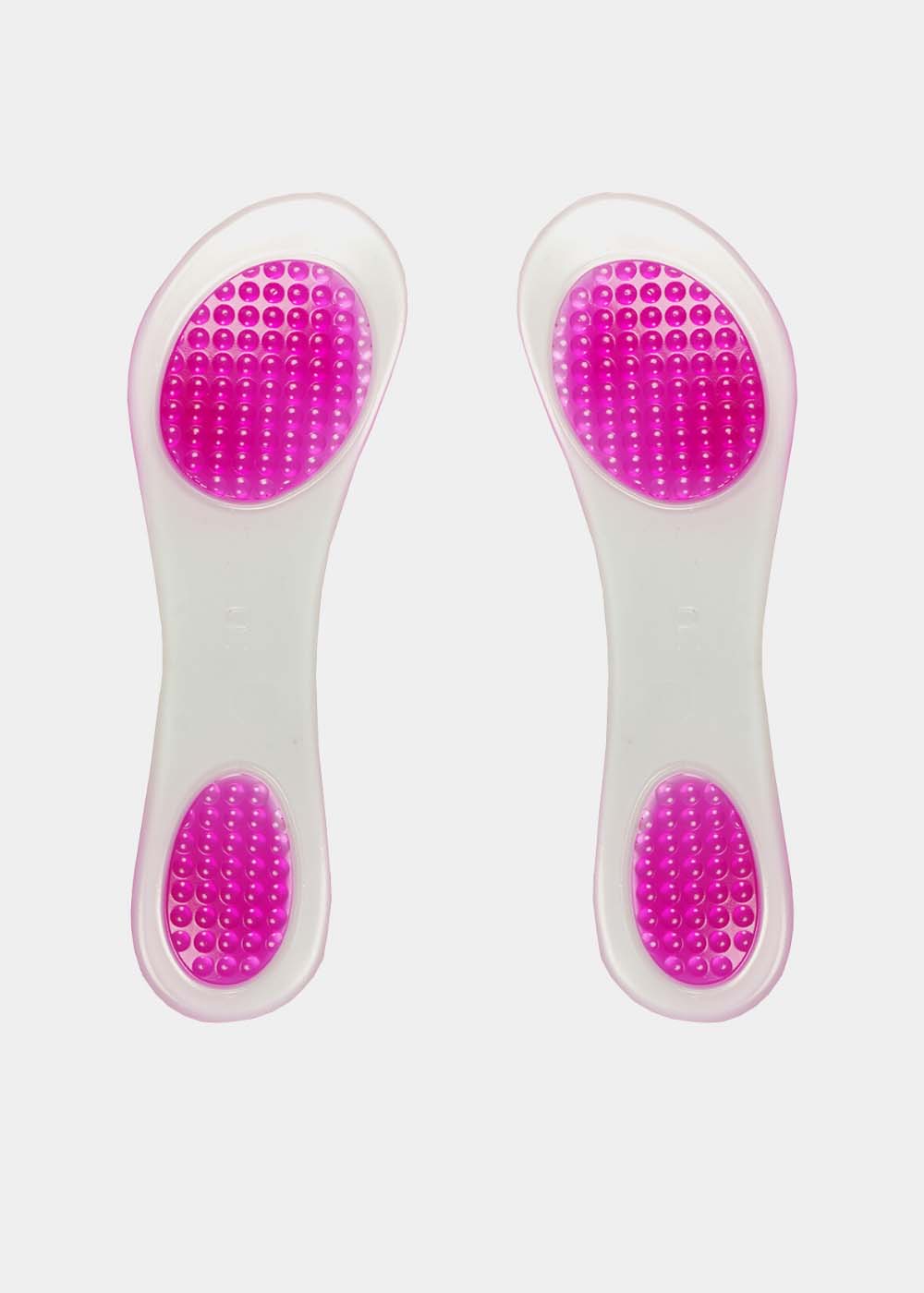 A pair of pink and white silicone gel shoe inserts designed to prevent feet from sliding forward in shoes.