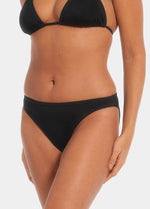 This image features a classic and timeless design of a bikini bottom, presented in a black colour. The bikini bottom is designed with double-layered fabric, providing a shaping effect and ensuring optimal comfort.
