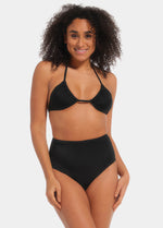 This image features a stylish and versatile triangle bikini top, presented in a classic black color. The top is designed with thin straps, providing a flattering fit and exposure.