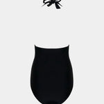 Black Shaping Halter Swimsuit with a bow detail on a white background