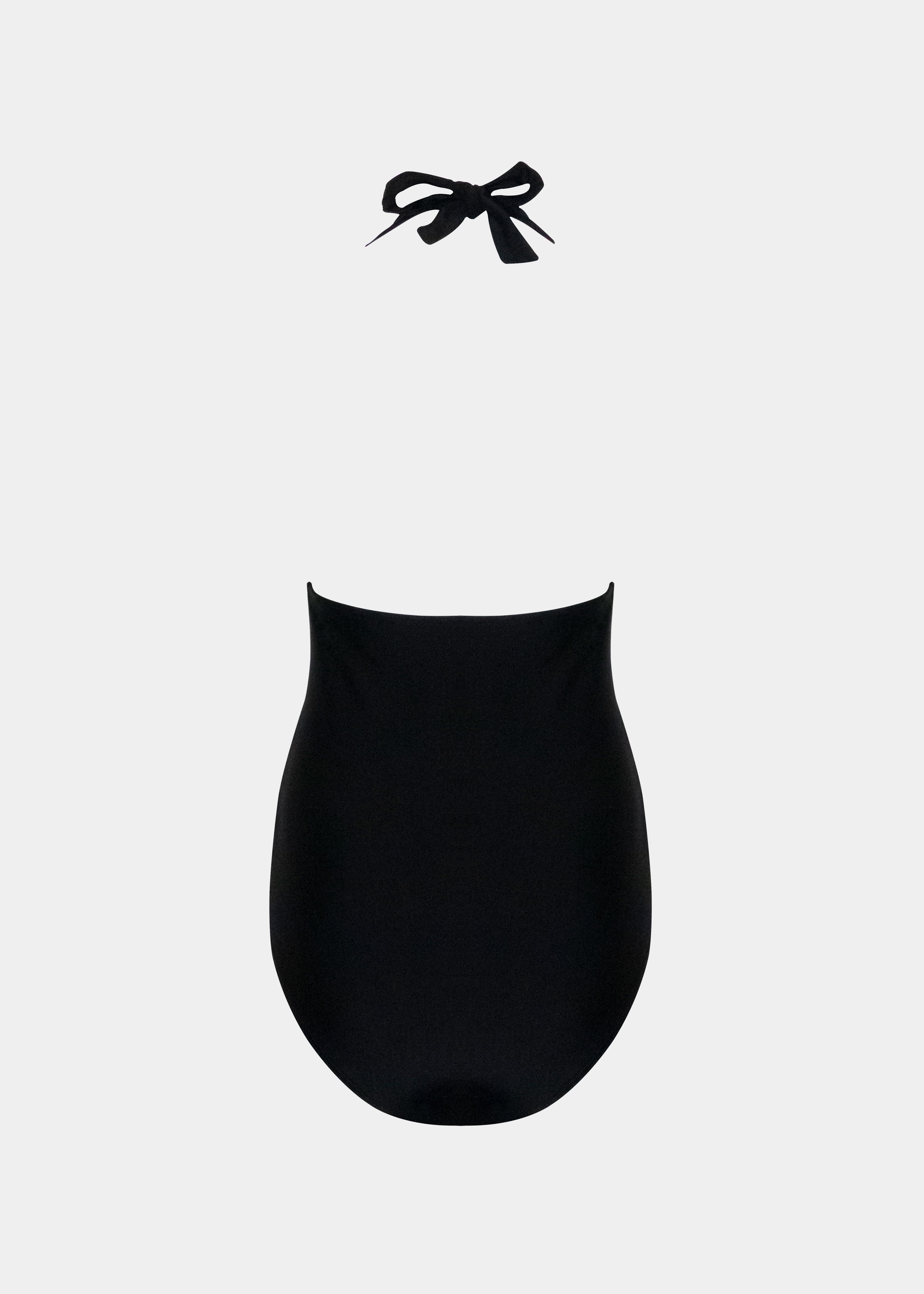 Black Shaping Halter Swimsuit with a bow detail on a white background
