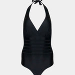 Black halter neck swimsuit on a white background