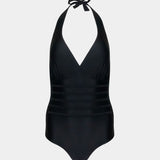 Black halter neck swimsuit on a white background