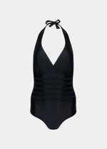 Black halter neck swimsuit on a white background