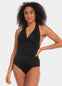 Woman wearing a black swimsuit against a white background