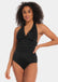 Woman wearing a black swimsuit against a white background