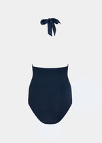 Navy blue swimsuit with a bow on a white background