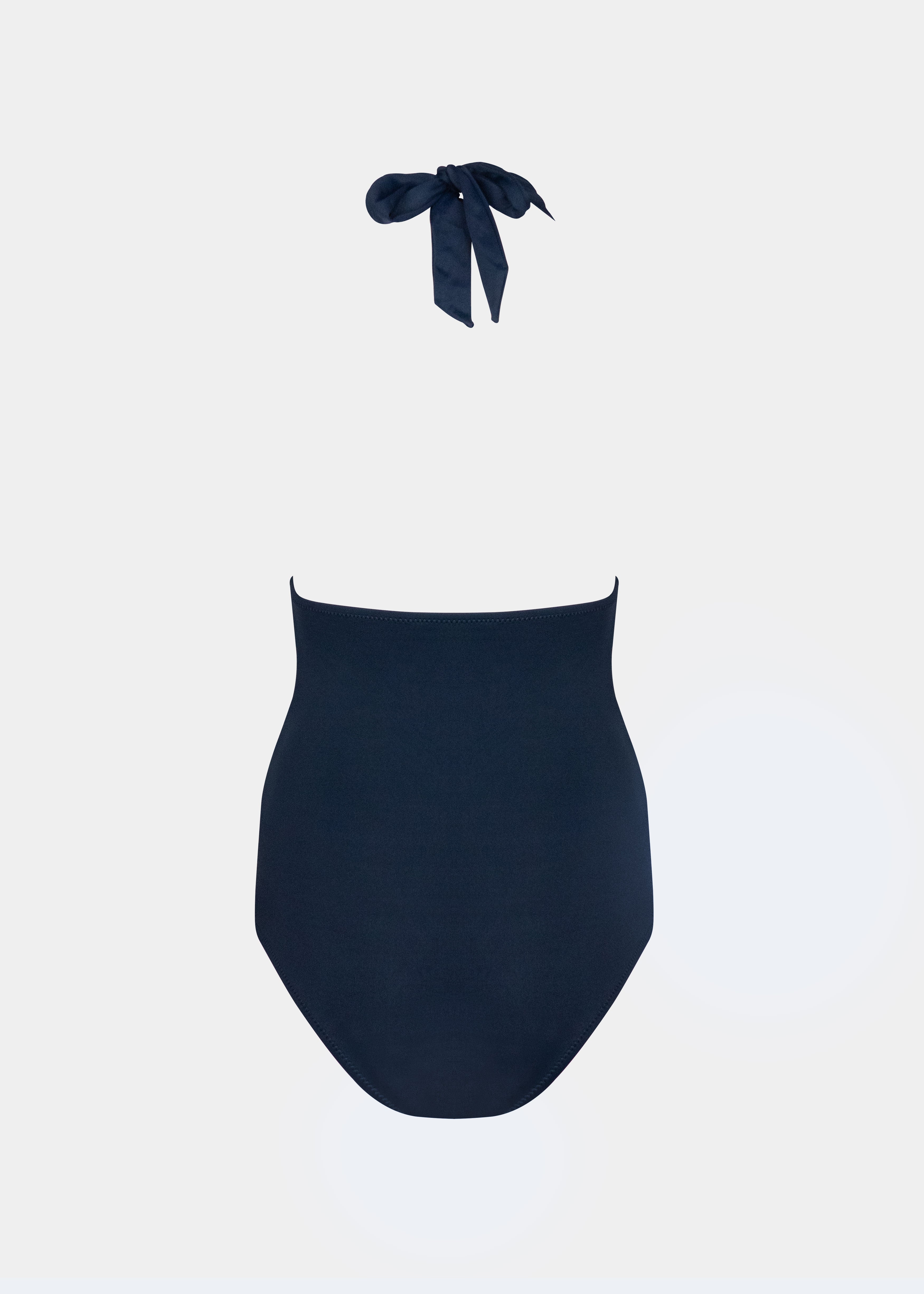Navy blue swimsuit with a bow on a white background