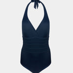 Navy blue halter neck swimsuit on a white background