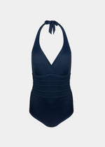 Navy blue halter neck swimsuit on a white background
