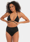 This image features a stylish and versatile triangle bikini top, presented in a classic black color. The top is designed with thin straps, providing a flattering fit and exposure.