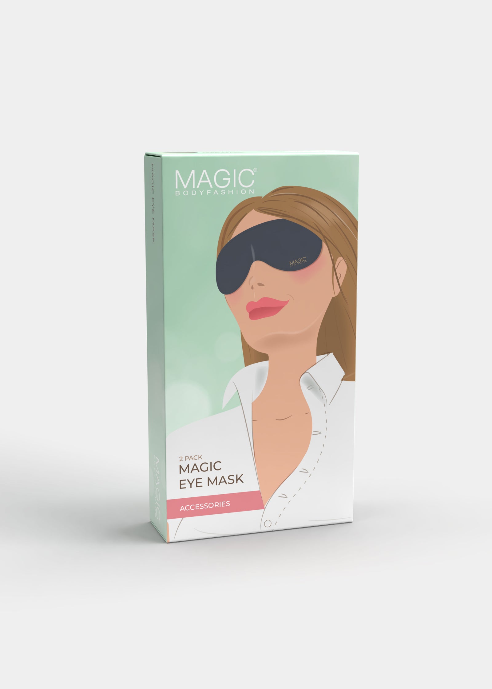 Box of Magic Eye Mask with a person wearing an eye mask on a light green background
