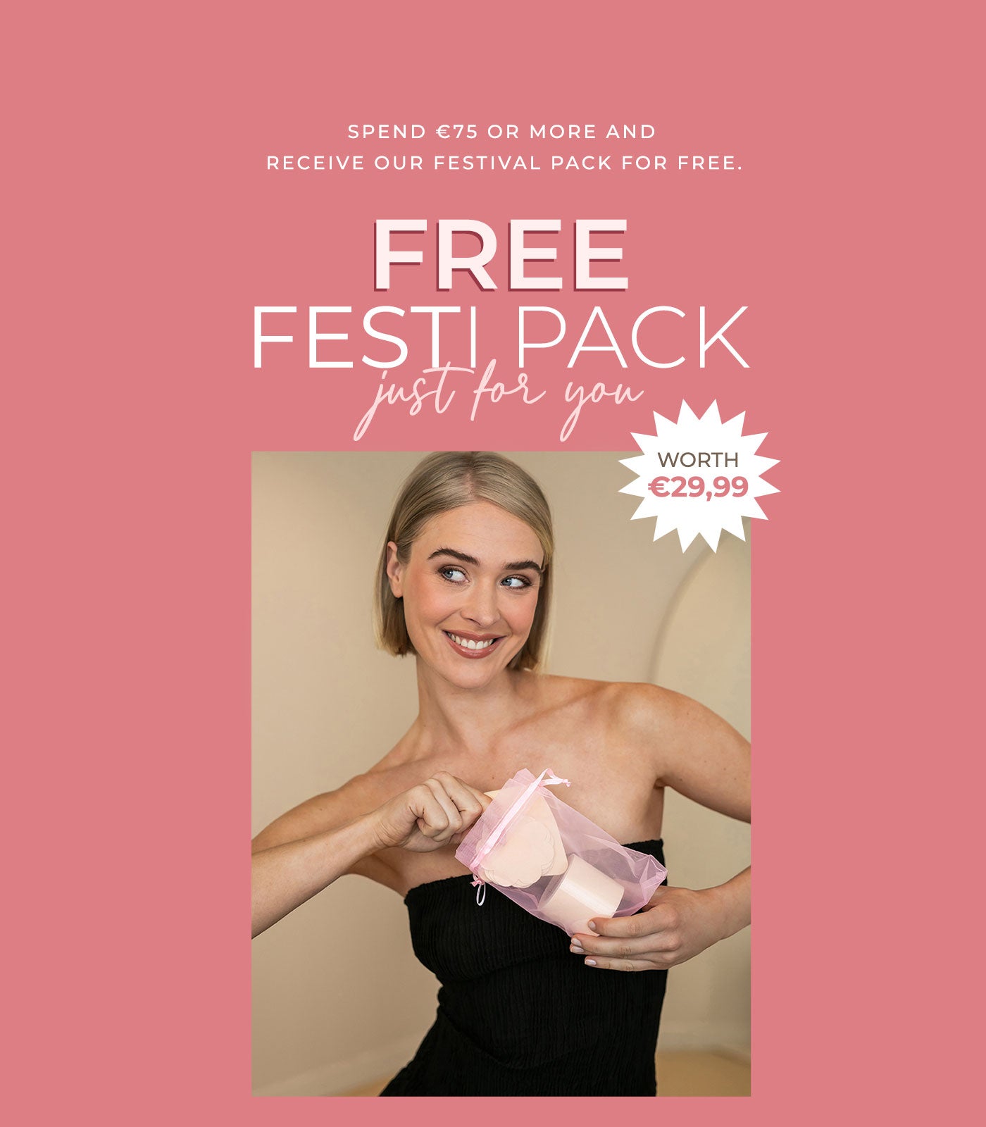Promotional offer for a free festival pack with a woman holding a gift on a pink background.
